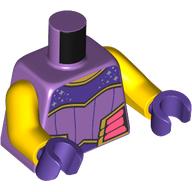 Visuel indicatif Rebrickable de Torse, gilet, panneaux latéraux de corail, panneaux d'épaule violet foncé imprimé, bras jaunes, mains pourpre foncé (Torso, Vest, Coral Side Panels, Dark Purple Shoulder Panels Print, Yellow Arms, Dark Purple Hands)