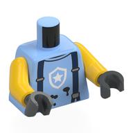 Torse, insigne de police blanc, bretelles bleu foncé, motif imprimé taches noires, bras jaunes, mains gris bleuté foncé (Torso, White Police Badge, Dark Blue Suspenders, Black Stains Print, Yellow Arms, Dark Bluish Gray Hands)