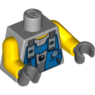 Torse, gilet, bleu avec des outils sur le modèle imprimé de chemise en sueur, bras jaunes, mains gris bleuté foncé (Torso, Vest, Blue with Tools over Sweaty Shirt Print, Yellow Arms, Dark Bluish Gray Hands)