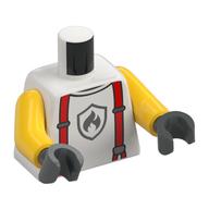 Torse, bretelles rouges, bleu clair gris feu logo motif imprimé, bras jaunes, mains gris bleuté foncé (Torso, Red Suspenders, Light Bluish Grey Fire Fighter Logo Print, Yellow Arms, Dark Bluish Gray Hands)