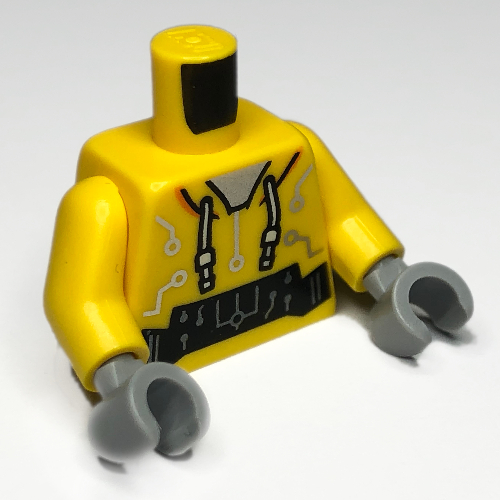 Visuel indicatif Rebrickable de Torse, sweat à capuche, lacets blanches, motif imprimé de circuits argentés, bras jaunes, mains gris bleuté clair (Torso, Hoodie, White Laces, Silver Circuitry Print, Yellow Arms, Light Bluish Gray Hands)