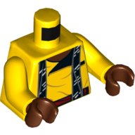 Visuel indicatif Rebrickable de Torse, chemise, ceinture brune, bretelles noires motif imprimé, bras jaunes, mains brun rougeâtre (Torso, Shirt, Brown Belt, Black Suspenders Print, Yellow Arms, Reddish Brown Hands)