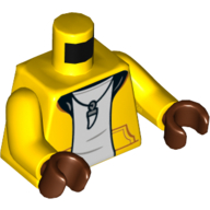 Torse, sweat à capuche, col noir, poche, ouvert sur un sous-vêtement blanc, motif imprimé collier de dent, bras jaunes, mains brun rougeâtre (Torso, Hoodie, Black Collar, Pocket, Open over White Undershirt, Tooth Necklace Print, Yellow Arms, Reddish Brown Hands)