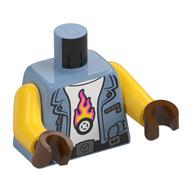Torse, veste, ceinture noire, chemise blanche avec motif imprimé de pneu flamboyant, bras jaunes, mains brun rougeâtre (Torso, Jacket, Black Belt, White Shirt with Flaming Tire Print, Yellow Arms, Reddish Brown Hands)