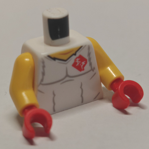 Torse, débardeur, symbole asiatique rouge sur poitrine et dos imprimé, bras jaunes, mains rouges (Torso, Tank Top, Red Asian Symbol on Chest and Back Print, Yellow Arms, Red Hands)