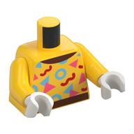 Visuel indicatif Rebrickable de Torse, ceinture brun rougeâtre, col, rouge/bleu clair/couleur Formes imprimées motif, bras jaunes, mains blanches (Torso, Reddish Brown Belt, Collar, Red/Bright Light Blue/Coral Shapes Print, Yellow Arms, White Hands)