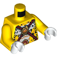 Torse, poitrine nue avec des taches de léopard noir, sangles rouge foncé et emblème de feu chi motif imprimé, bras jaunes, mains blanches (Torso, Bare Chest with Black Leopard Spots, Dark Red Straps and Fire Chi Emblem Print, Yellow Arms, White Hands)