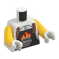 Visuel indicatif Rebrickable de Torse, tablier noir, Hamburger flamboyant, Nougat sangles motif imprimé, bras jaunes, mains blanches (Torso, Black Apron, Flaming Hamburger, Nougat Straps Print, Yellow Arms, White Hands)