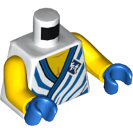 Torse, robe avec lignes bleues et motif imprimé poitrine nue, bras jaunes, mains bleues (Torso, Robe with Blue Lines and Bare Chest Print, Yellow Arms, Blue Hands)