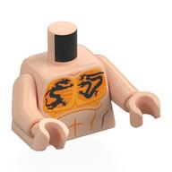 Visuel indicatif Rebrickable de Torse, poitrine nue, tatouage de dragon noir sur motif imprimé de fond orange clair, bras et mains nougat clair (Torso, Bare Chest, Black Dragon Tattoo on Bright Light Orange Background Print, Light Nougat Arms and Hands)