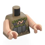 Visuel indicatif Rebrickable de Torse, sac à dos olive, écharpe, sangles gris bleuâtre foncé, harnais, motif imprimé pioche, bras et mains nougat clair (Torso, Olive Backpack, Scarf, Dark Bluish Grey Straps, Harness, Pickaxe Print, Light Nougat Arms and Hands)
