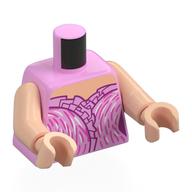 Torse, robe, volants rose vif, garniture violet foncé, rayures argent / rose foncé motif imprimé, bras et mains nougat clair (Torso, Dress, Bright Pink Ruffles, Dark Purple Trim, Silver/Dark Pink Streaks Print, Light Nougat Arms and Hands)