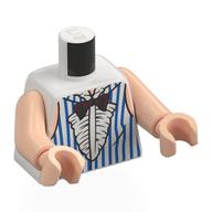 Visuel indicatif Rebrickable de Torse, robe, rayures bleues, noeud papillon noir, motif imprimé de volants blancs, bras et mains nougat clair (Torso, Dress, Blue Stripes, Black Bowtie, White Ruffles Print, Light Nougat Arms and Hands)