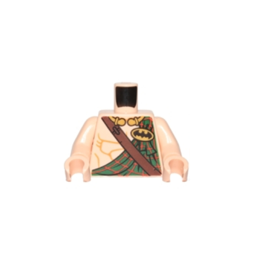 Visuel indicatif Rebrickable de Torse, Muscles à poitrine nue, Kilt Tartan vert foncé, Ceinture diagonale marron foncé et logo Batman en motif imprimé ovale jaune, bras et mains nougat clair (Torso, Bare Chest Muscles, Dark Green Tartan Kilt, Dark Brown Diagonal Belt and Batman Logo in Yellow Oval Print, Light Nougat Arms and Hands)