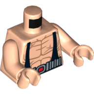 Visuel indicatif Rebrickable de Torse, poitrine nue avec muscles, bretelles noires et ceinture argentée / Flexibles jaunes sur le dos motif imprimé, bras et mains nougat clair (Torso, Bare Chest with Muscles, Black Suspenders and Silver Belt / Yellow Hoses on Back Print, Light Nougat Arms and Hands)