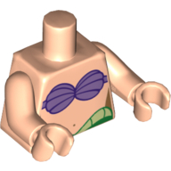Visuel indicatif Rebrickable de Torse, sirène avec moyen soutien-gorge de coquille de lavande, nombril, et motif imprimé taille verte et jaune, bras et mains nougat clair (Torso, Mermaid with Medium Lavender Shell Bra, Navel, and Green and Yellow Waist Print, Light Nougat Arms and Hands)