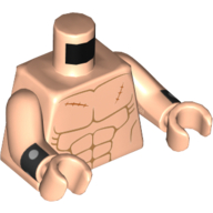 Torse, poitrine nue avec muscles et motif imprimé 3 cicatrices, bras nougat clair et mains avec motif imprimé poignets noirs (Torso, Bare Chest with Muscles and 3 Scars Print, Light Nougat Arms and Hands with Black Cuffs Print)