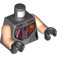 Visuel indicatif Rebrickable de Torse, plaques d'armure avec motif imprimé rouge, orange et argent (sabine troglodyte), bras nougat clair, mains noires (Torso, Armor Plates with Red, Orange and Silver Print (Sabine Wren), Light Nougat Arms, Black Hands)