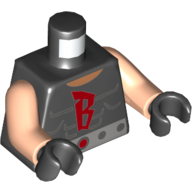 Visuel indicatif Rebrickable de Torse, gilet, Muscles, Rouge 'B', motif : ceinture argentée avec boucle rouge, bras nougat clair, mains noires (Torso, Vest, Muscles, Red 'B', Silver Belt with Red Buckle Print, Light Nougat Arms, Black Hands)