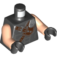Visuel indicatif Rebrickable de Torse, Gilet, Muscles, Sangles d'épaule marron foncé avec motif imprimé argent plaque, bras nougat clair, mains noires (Torso, Vest, Muscles, Dark Brown Shoulder Straps with Silver Plate Print, Light Nougat Arms, Black Hands)