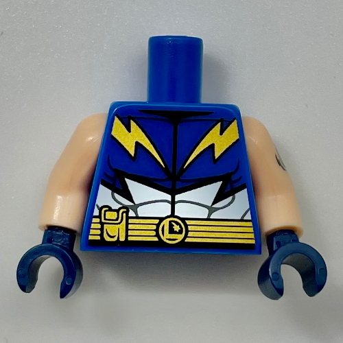 Torse, combinaison, or foudre, ceinture, blanc Muscles motif imprimé, bras nougat clair, mains bleu foncé (Torso, Jumpsuit, Gold Lightning, Belt, White Muscles Print, Light Nougat Arms, Dark Blue Hands)