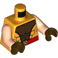 Visuel indicatif Rebrickable de Torse, Muscles avec centre brun foncé et ceinture rouge avec motif imprimé boucle, bras nougat clair, mains brun foncé (Torso, Muscles with Dark Brown Center and Red Belt with Buckle Print, Light Nougat Arms, Dark Brown Hands)