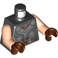 Torse, armure, argent et bord brun rougeâtre motif imprimé, bras nougat clair, mains brun rougeâtre (Torso, Armor, Silver and Reddish Brown Trim Print, Light Nougat Arms, Reddish Brown Hands)