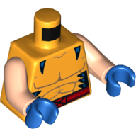 Torse, Muscles avec garniture bleue et ceinture rouge avec boucle motif imprimé (Wolverine), bras nougat clair, mains bleues (Torso, Muscles with Blue Trim and Red Belt with Buckle Print (Wolverine), Light Nougat Arms, Blue Hands)