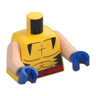 Visuel indicatif Rebrickable de Torse, contours musculaires, triangles noirs, ceinture rouge avec motif imprimé X, bras nougat clair, mains bleues (Torso, Muscle Outline, Black Triangles, Red Belt with X Print, Light Nougat Arms, Blue Hands)