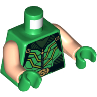 Visuel indicatif Rebrickable de Torse, armure, gilet rayé noir avec fermoirs et lignes de vert citron, fermeture à glissière, ceinture avec boucle d'or et motif imprimé Muscles (Green Arrow), bras nougat clair, mains vertes (Torso, Armor, Black Striped Vest with Clasps and Lime Lines, Zipper, Belt with Gold Buckle and Muscles Print (Green Arrow), Light Nougat Arms, Green Hands)