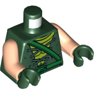 Visuel indicatif Rebrickable de Torse, tunique avec lacets, chemise à la vert citron, ceinture vert vif, motif imprimé boucle 'G' (Green Arrow), bras nougat clair, mains vert foncé (Torso, Tunic with Laces, Lime Shirt, Bright Green Belt, 'G' Buckle Print (Green Arrow), Light Nougat Arms, Dark Green Hands)