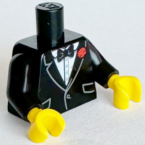 Visuel indicatif Rebrickable de Torse, veste, chemise blanche, nœud papillon noir, Motif imprimé Fleur rouge, bras noirs, mains jaunes (Torso, Jacket, White Shirt, Black Bow Tie, Red Flower Print, Black Arms, Yellow Hands)