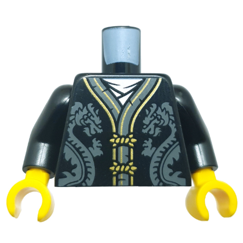 Torse, robe, bord bleu foncé gris/or, dragons gris bleu foncé sur le devant, dragon d'or sur le dos motif imprimé, bras noirs, mains jaunes (Torso, Robe, Dark Bluish Grey/Gold Trim, Dark Bluish Grey Dragons on Front, Gold Dragon on Back Print, Black Arms, Yellow Hands)