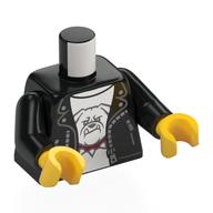 Torse, veste en cuir, garniture blanche, chemise blanche avec motif imprimé Bulldog, bras noirs, mains jaunes (Torso, Leather Jacket, White Trim, White Shirt with Bulldog Print, Black Arms, Yellow Hands)