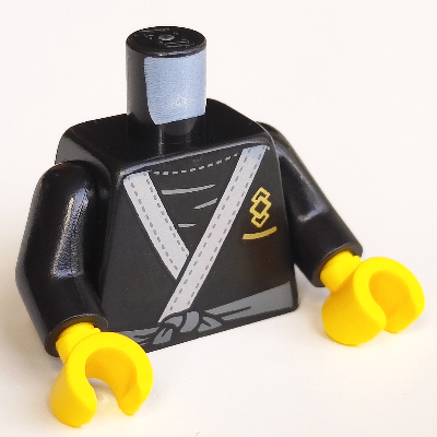 Visuel indicatif Rebrickable de Torse, robe, bord bleuté clair, gris bleuté foncé, motif imprimé tête de tigre or, bras noirs, mains jaunes (Torso, Robe, Light Bluish Trim, Dark Bluish Gray, Gold Tiger Head Print, Black Arms, Yellow Hands)