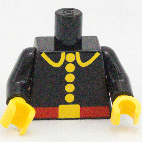 Visuel indicatif Rebrickable de Torse, motif imprimé uniforme de feu à cinq boutons, bras noirs, mains jaunes (Torso, Fire Uniform Five Button Print, Black Arms, Yellow Hands)