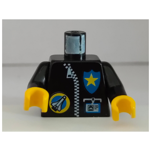Visuel indicatif Rebrickable de Torse, logo du port spatial, fermeture à glissière, ID et Police Star imprimé, bras noirs, mains jaunes (Torso, Space Port Logo, Zipper, ID and Police Star Print, Black Arms, Yellow Hands)