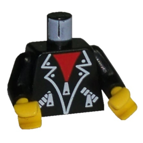Torse, Veste en cuir, Fermeture éclair, Col rouge motif imprimé, bras noirs, mains jaunes (Torso, Leather Jacket, Zipper, Red Neck Print, Black Arms, Yellow Hands)