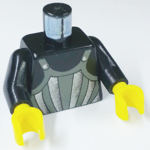 Torse, armure, gris foncé avec motif imprimé rayures argentées (Chevaliers de la peur), bras noirs, mains jaunes (Torso, Armor, Dark Gray with Silver Stripes Print (Fright Knights), Black Arms, Yellow Hands)