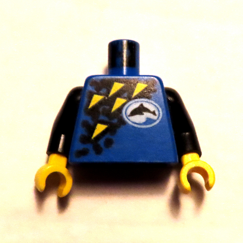 Visuel indicatif Rebrickable de Torse, combinaison avec des plongeurs dauphin logo et triangles jaunes motif imprimé, bras noirs, mains jaunes (Torso, Wetsuit with Divers Dolphin Logo and Yellow Triangles Print, Black Arms, Yellow Hands)
