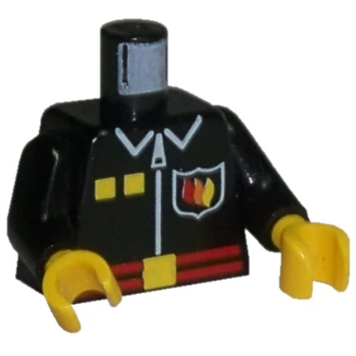 Torse, insigne flamme de feu, ceinture rouge, motif imprimé fermeture éclair et col, bras noirs, mains jaunes (Torso, Fire Flame Badge, Red Belt, Zipper and Collar Print, Black Arms, Yellow Hands)
