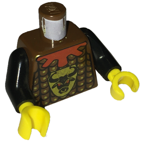 Visuel indicatif Rebrickable de Torse, armure, clouté à la tête de taureau et motif imprimé col rouge, bras noirs, mains jaunes (Torso, Armor, Studded with Bull's Head and Red Collar Print, Black Arms, Yellow Hands)