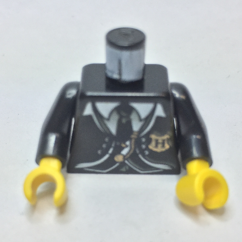 Visuel indicatif Rebrickable de Torse, costume et cravate avec motif imprimé de crête de Poudlard, bras noirs, mains jaunes (Torso, Suit and Tie with Hogwarts Crest Print, Black Arms, Yellow Hands)
