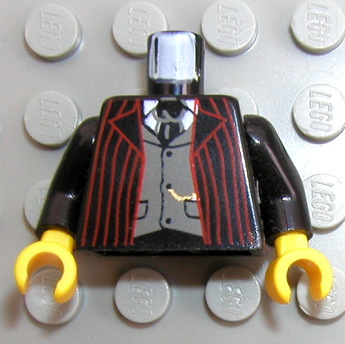 Visuel indicatif Rebrickable de Torse, Veste de costume avec rayures rouge foncé, Gilet gris et cravate, motif imprimé Fob or, bras noirs, mains jaunes (Torso, Suit Jacket with Dark Red Stripes, Gray Vest and Tie, Gold Fob Print, Black Arms, Yellow Hands)