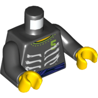 Visuel indicatif Rebrickable de Torse, côtes et ceinture violette et motif imprimé '5', bras noirs, mains jaunes (Torso, Ribs and Purple Belt and '5' Print, Black Arms, Yellow Hands)