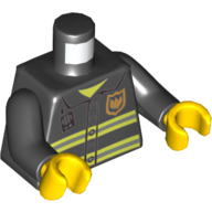 Torse, uniforme de feu, insigne, rayures et motif imprimé radio, bras noirs, mains jaunes (Torso, Fire Uniform, Badge, Stripes and Radio Print, Black Arms, Yellow Hands)