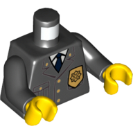 Torse, veste avec poche et insigne de police or, motif imprimé cravate bleue, bras noirs, mains jaunes (Torso, Jacket with Pocket and Gold Police Badge, Blue Tie Print, Black Arms, Yellow Hands)