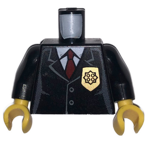 Visuel indicatif Rebrickable de Torse, veste avec poche, insigne de police or et motif imprimé cravate rouge, bras noirs, mains jaunes (Torso, Jacket with Pocket, Gold Police Badge and Red Tie Print, Black Arms, Yellow Hands)