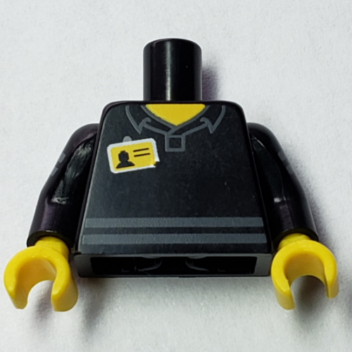Visuel indicatif Rebrickable de Torse, Chemise à rayures gris clair et bâton Namebadge imprimé, motif : bras noirs avec rayures gris bleuté clair, mains jaunes (Torso, Shirt with Light Bluish Gray Stripes and Staff Namebadge Print, Black Arms with Light Bluish Gray Stripes Print, Yellow Hands)