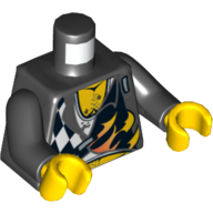 Torse, Chemise à carreaux noirs et blancs, Flammes, Poitrine Cheveux / Crâne au dos motif imprimé, bras noirs, mains jaunes (Torso, Shirt with Black and White Checks, Flames, Chest Hair / Skull on Back Print, Black Arms, Yellow Hands)
